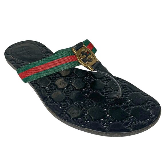 Gucci GG Web Stripe Thong Sandals EU 37.5 US 7.5 Black Flip Flop Slide Flat Heel - Picture 1 of 11
